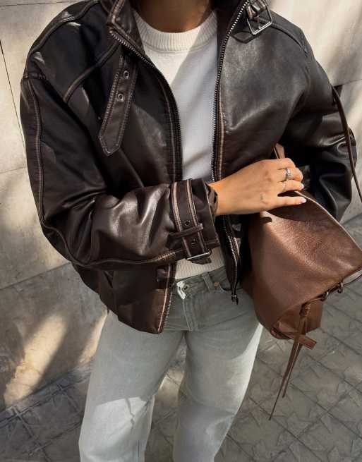 Bershka - Jack met opstaande boord en leereffect in bruin, 3 van 5