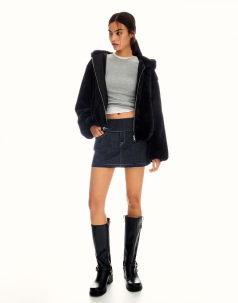 Bershka - Jack van imitatiebont met capuchon in zwart - view 1