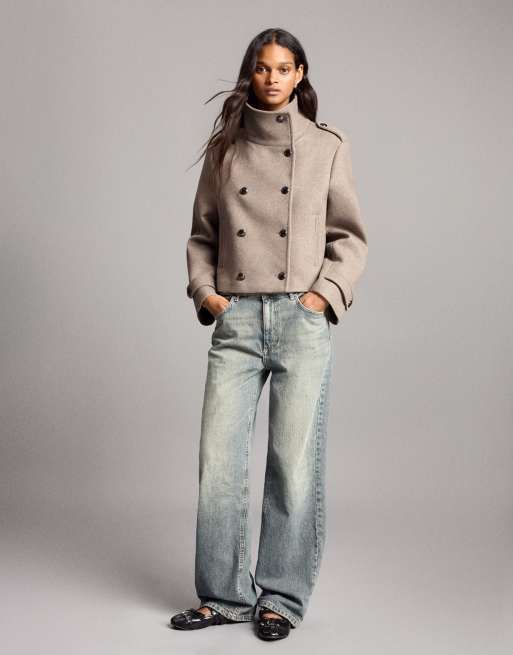 Bershka jacka med filteffekt och dubbelknäppning i beige, 4 av 6