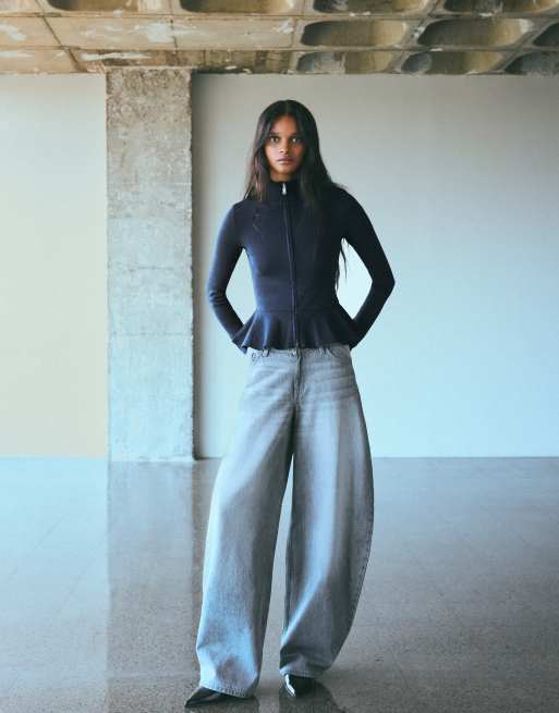 Bershka jacka med hög krage och peplum i marinblått, 2 av 5