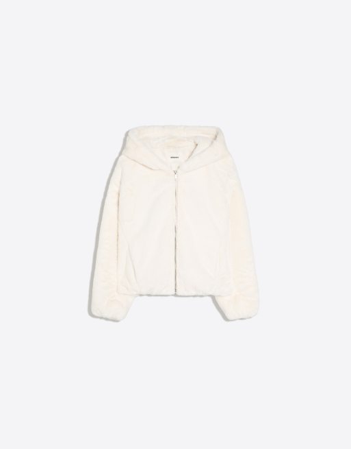 Bershka jacka med huva och fuskpäls i naturvit, 5 av 5