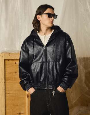 Jacke aus Kunstleder in Schwarz mit Kapuze Schwarz S