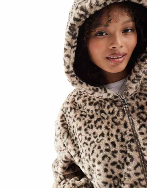 Leopard Bershka Pelzjacke Kapuze Winterjacke Damen Mit