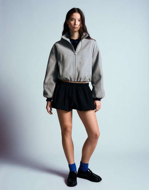 Bershka – Jacke aus Wollmix in Grau mit gerafftem Saum, 2 von 5