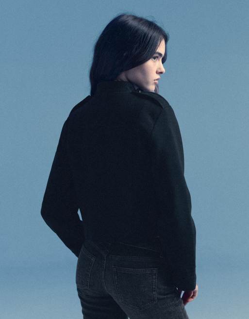 Bershka Jacke in Blau in Filzoptik mit Verschlüssen, 3 von 5