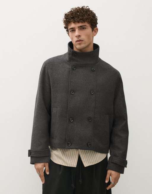 Bershka Jacke in Filzoptik mit Stehkragen in Grau, 3 von 7