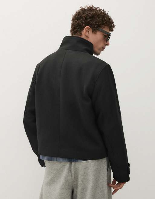 Bershka Jacke in Filzoptik mit Stehkragen in Schwarz, 4 von 7