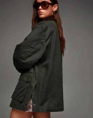 Bershka - Jacke in Khaki mit Kontrastkragen-Grün