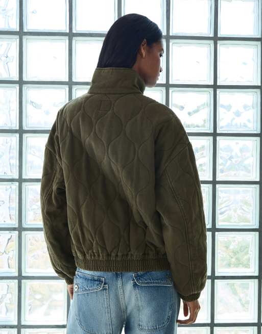 Bershka – Jacke in Khaki mit Zopfmuster und Stickerei, 3 von 7
