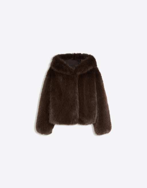 Bershka Jacke mit Faux-Fur-Kapuze in Braun, 6 von 6