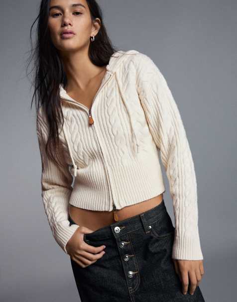 Bershka Jacke mit Kapuze und Zopfmuster in Ecru - view 1