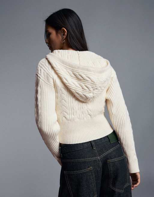 Bershka Jacke mit Kapuze und Zopfmuster in Ecru, 3 von 5