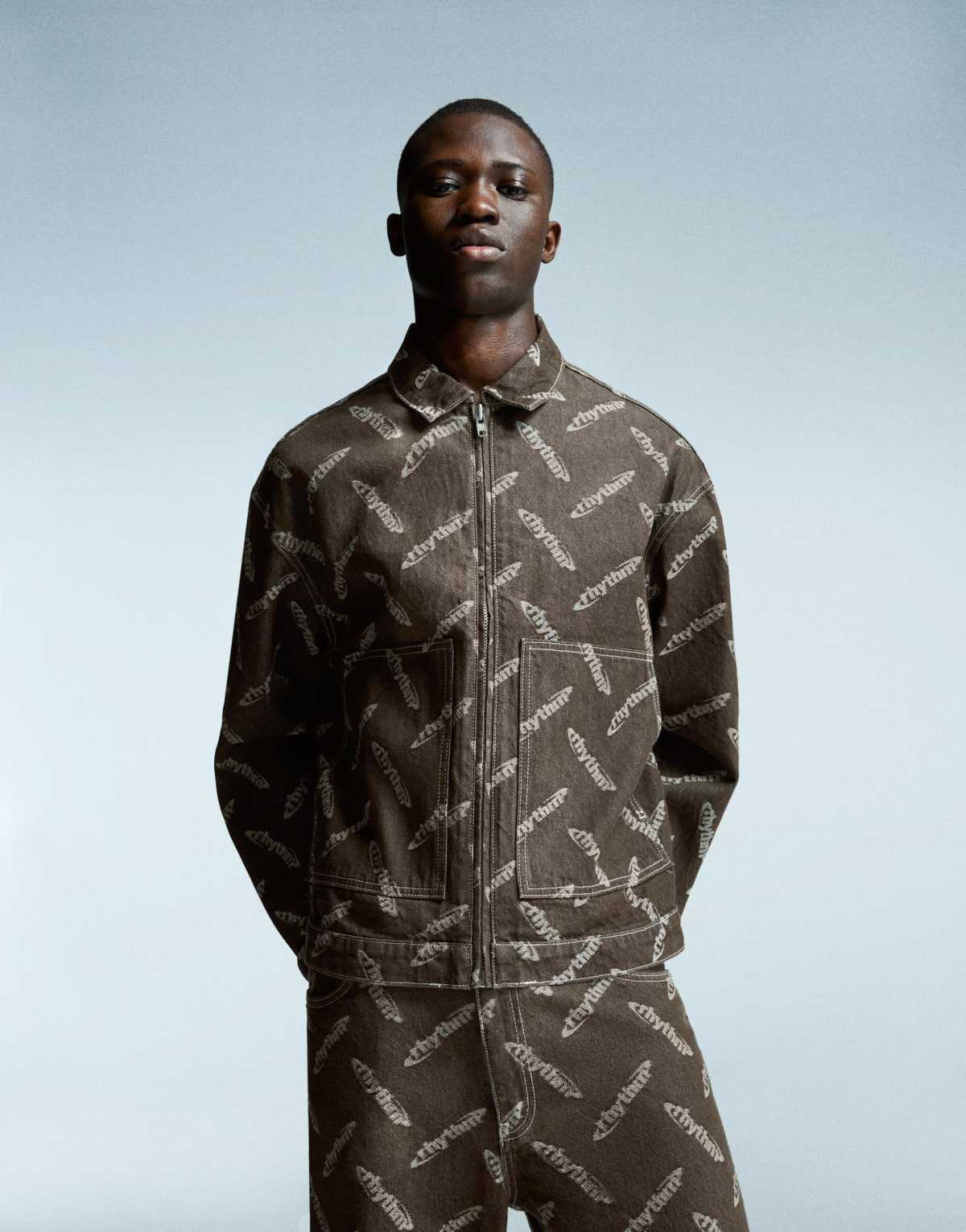Bershka Jacquard denim jacket in brown