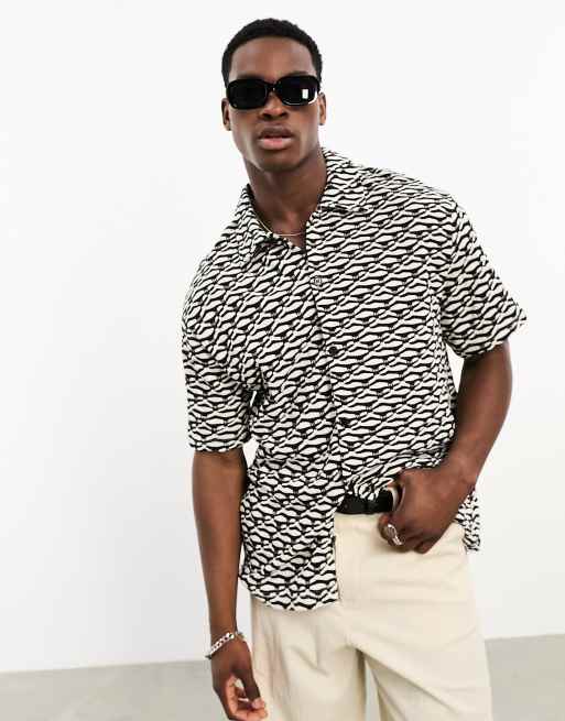 Bershka – Jacquard-Hemd in Schwarz und Weiß