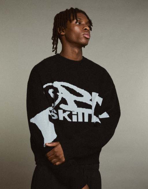 Bershka Jacquard-Pullover mit Grafik in Schwarz, 3 von 6