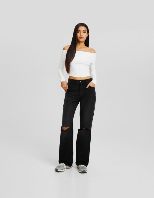 Bershka - Jaren 90 jeans met wijde These en scheuren in zwart