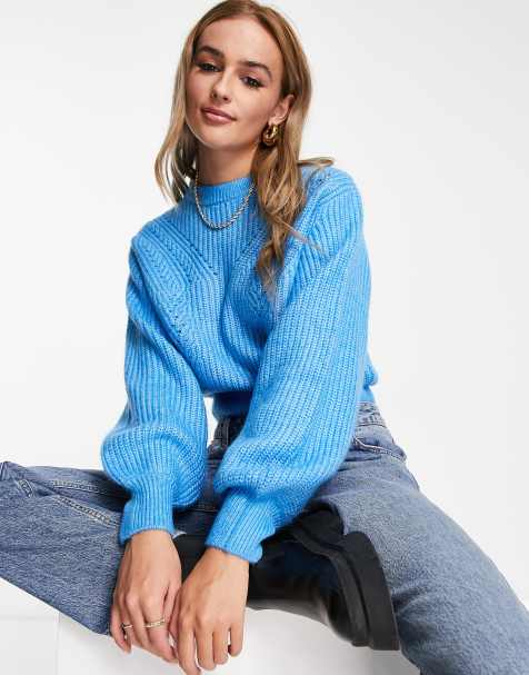 Bershka – Jaskrawoniebieski gruby sweter z okrągłym dekoltem - view 1