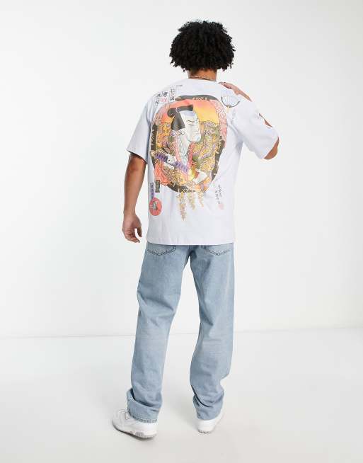 Bershka – Jasnoniebieski T-shirt oversize z nadrukiem samuraja na plecach, 2 z 4