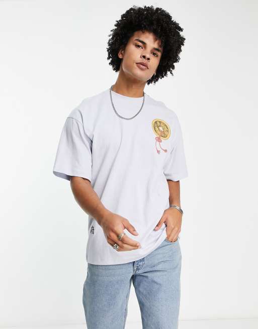 Bershka – Jasnoniebieski T-shirt oversize z nadrukiem samuraja na plecach, 3 z 4