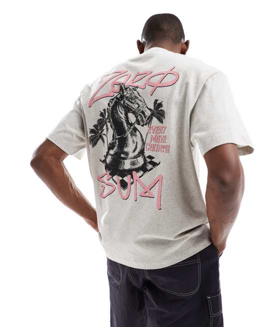 Bershka – Jasnoszary T-shirt z nadrukiem na plecach