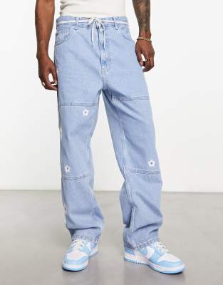 Bershka floral embroidered baggy jeans in blue - ASOS Price Checker