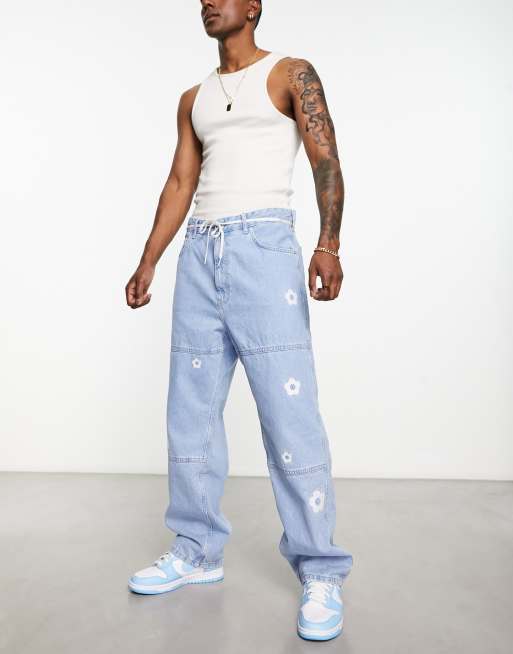 Bershka - Jean à broderies fleurs - Bleu, 3 de 4
