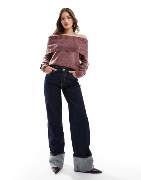Bershka - Jean ample à revers - Délavé foncé - view 1