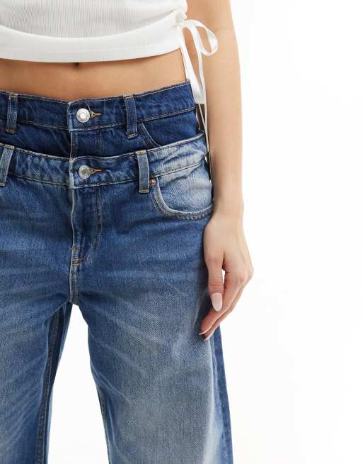 Bershka - Jean ample avec taille à revers - Indigo délavé, 3 de 5