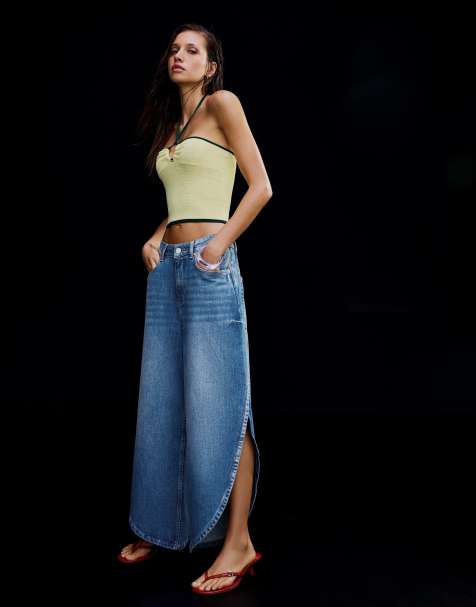 Bershka - Jean ample fendu sur le côté - Bleu moyen - view 1