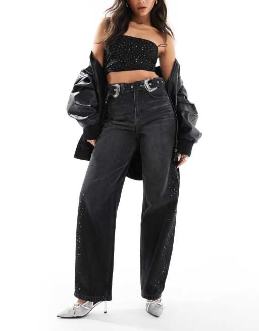 Bershka - Jean ample style western à strass - Noir délavé