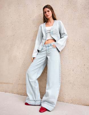 Bershka - Jean ample taille basse à revers - Bleu clair