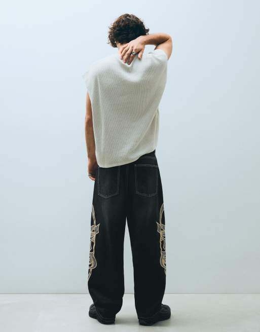 Bershka - Jean avec empiècement en tissu - Noir, 3 de 6