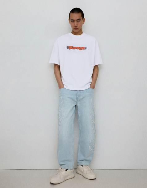 Bershka - Jean baggy à écusson - Bleu clair - view 1