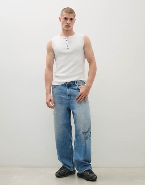 Bershka jean baggy imprimé et patchs bleu - view 1