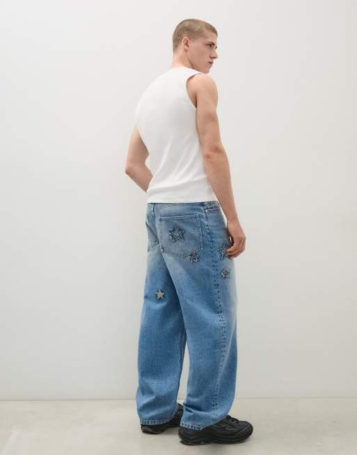 Bershka jean baggy imprimé et patchs bleu, 3 de 5