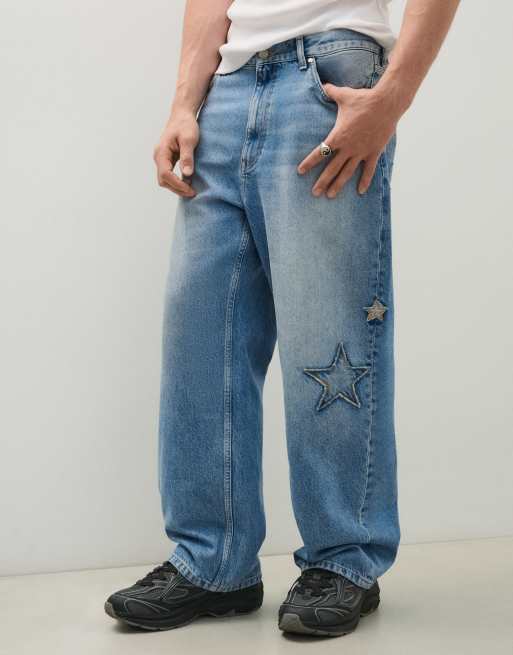 Bershka jean baggy imprimé et patchs bleu, 4 de 5