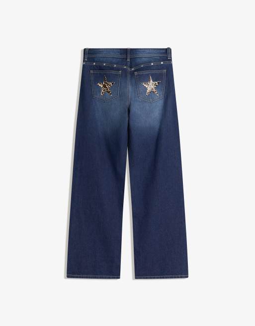 Bershka - Jean baggy orné d'étoiles et de clous - Bleu denim, 4 de 4