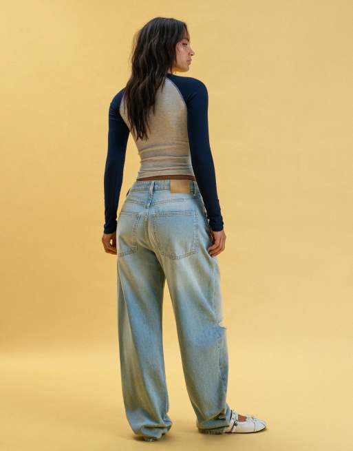 Bershka jean barrel ample déchiré bleu moyen, 2 de 5