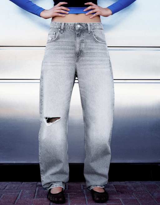 Bershka jean barrel loose déchiré gris clair, 4 de 5
