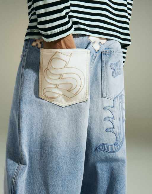 Bershka jean barrel patchwork bleu clair, 3 de 6