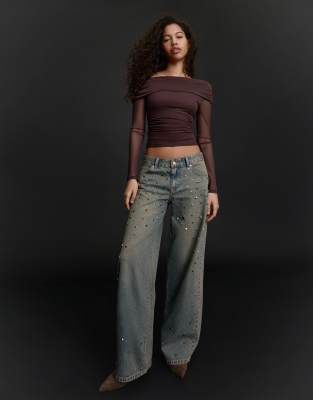 Bershka - Jean boyfriend clouté à taille basse - Bleu