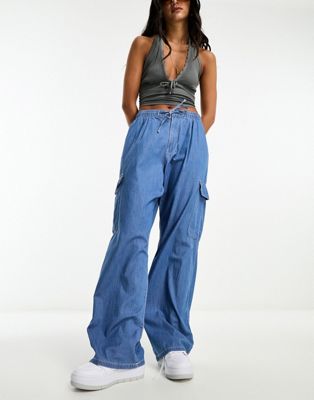 Bershka tie waist cargo wide leg jeans in mid blue - ASOS Price Checker