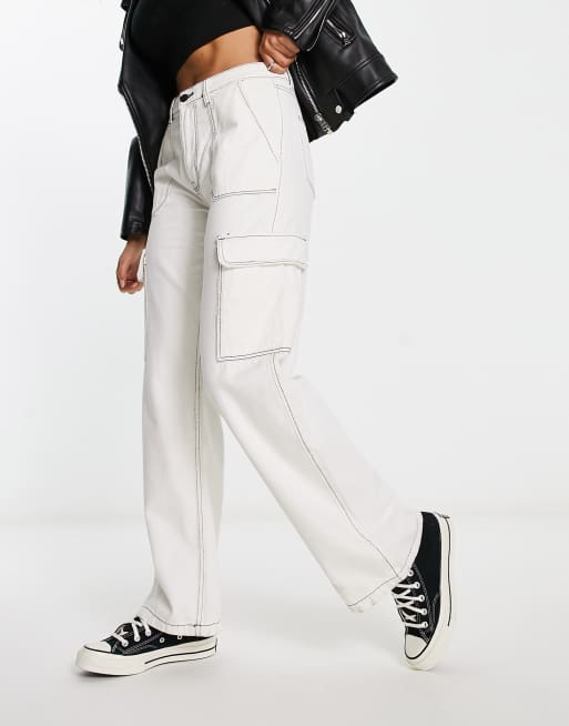 Bershka - Jean cargo baggy à taille haute et coutures contrastantes - Blanc, 2 de 5
