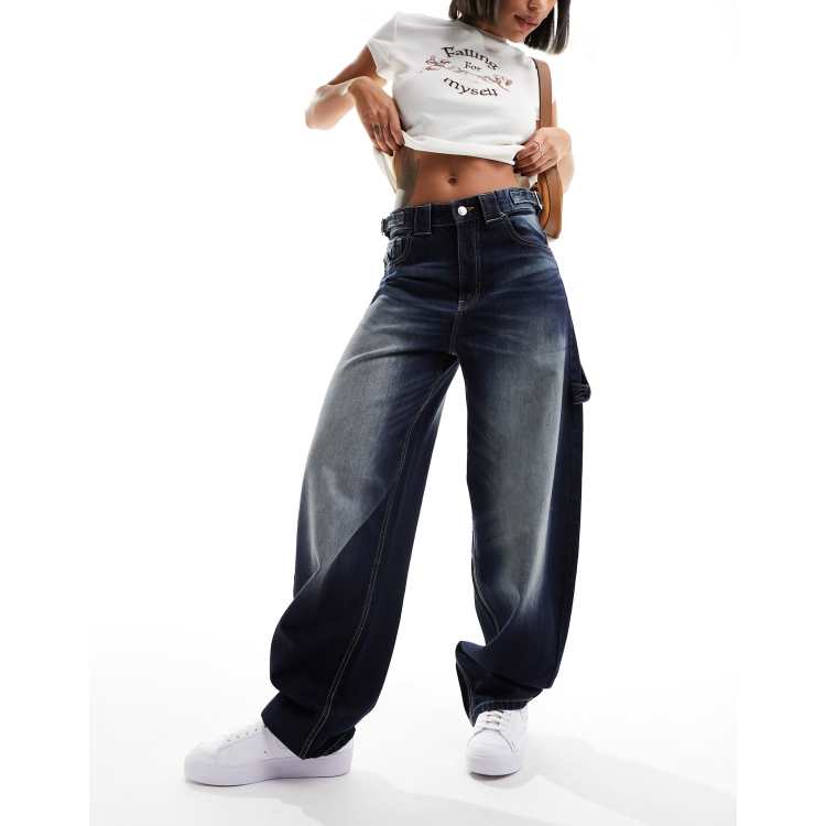 Bershka Jean charpentier avec taille réglable Indigo effet