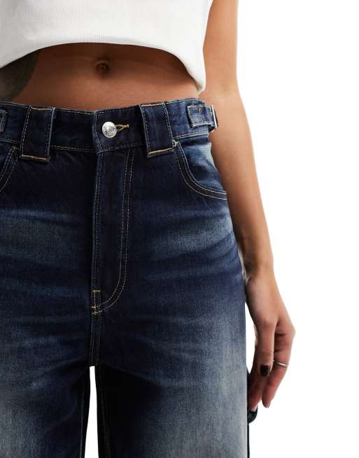 Bershka - Jean charpentier avec taille réglable - Indigo effet sali, 4 de 5