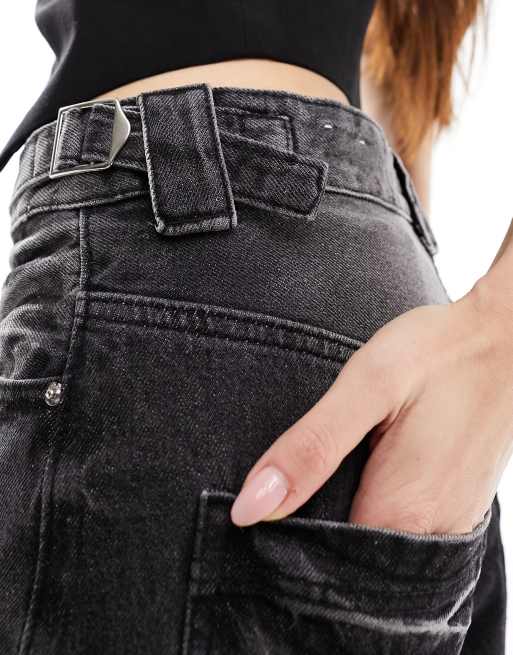 Bershka - Jean charpentier avec taille réglable - Noir délavé, 2 de 5