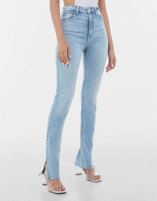 Bershka Jean droit ourlet fendu Bleu