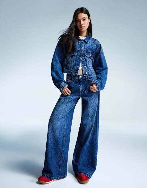 Bershka - Jean droit à strass - Bleu jean - view 1