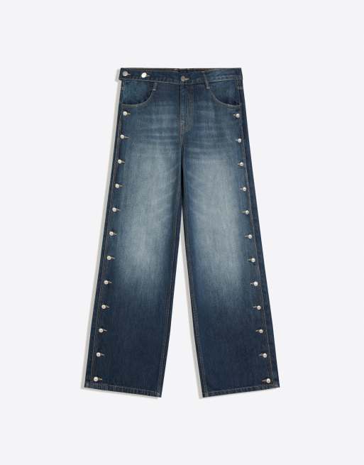 Bershka - Jean droit taille basse avec boutons sur le côté - Bleu marine, 4 de 4