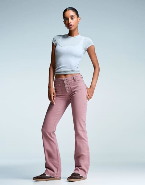 Bershka - Jean évasé court - Rose - view 1